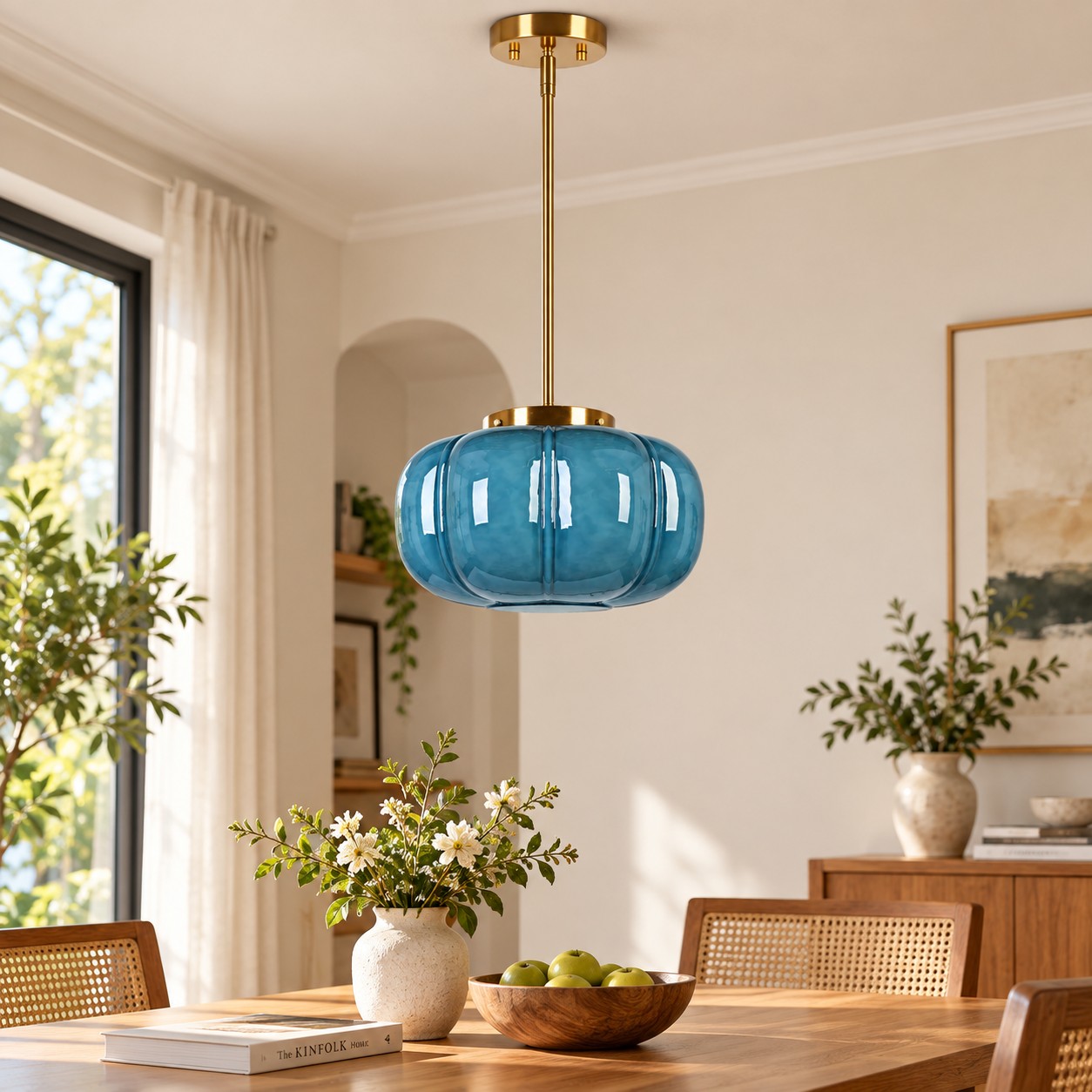 Ribbed Glass Dome Pendant with blue or clear glass and ribbed texture
