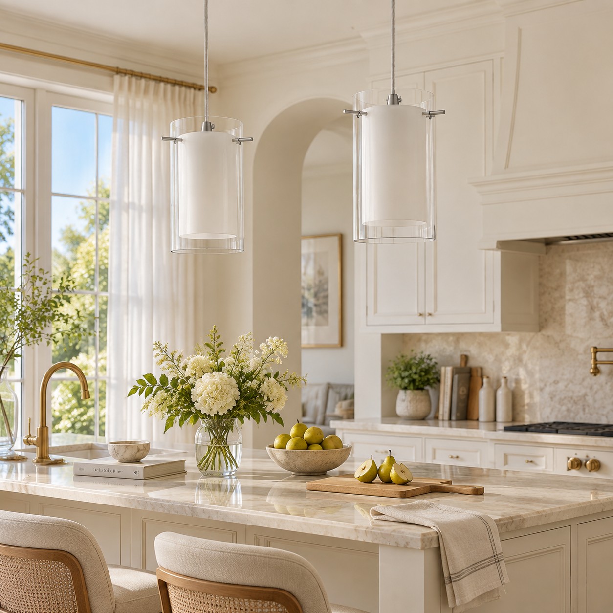 Double Glass Pendant Light with clear and white glass and a modern profile