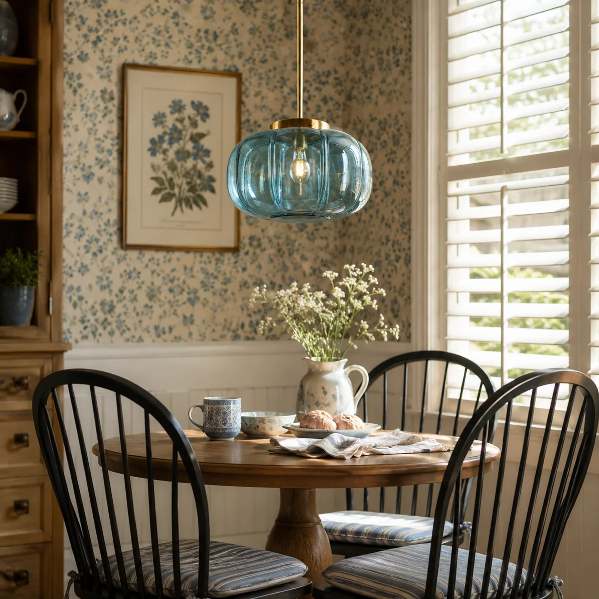 Ribbed Glass Dome Pendant with blue or clear glass and ribbed texture