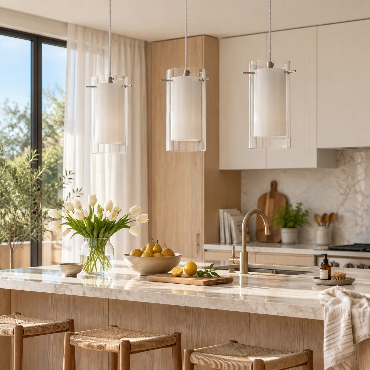 Double Glass Pendant Light with clear and white glass and a modern profile