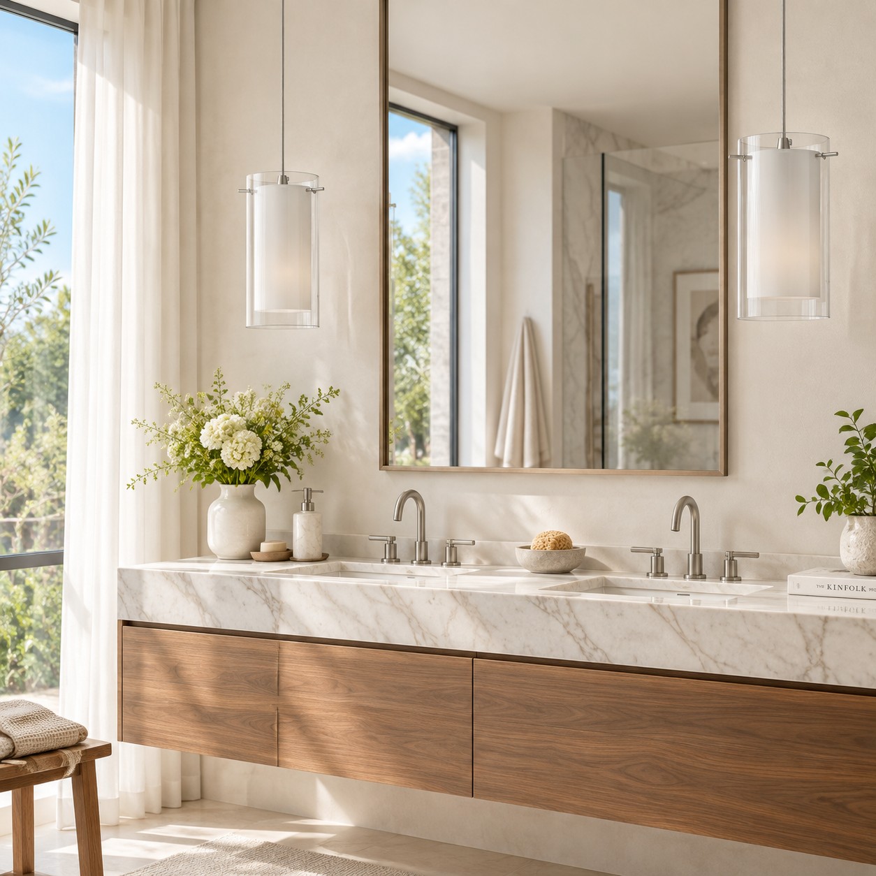 Double Glass Pendant Light with clear and white glass and a modern profile