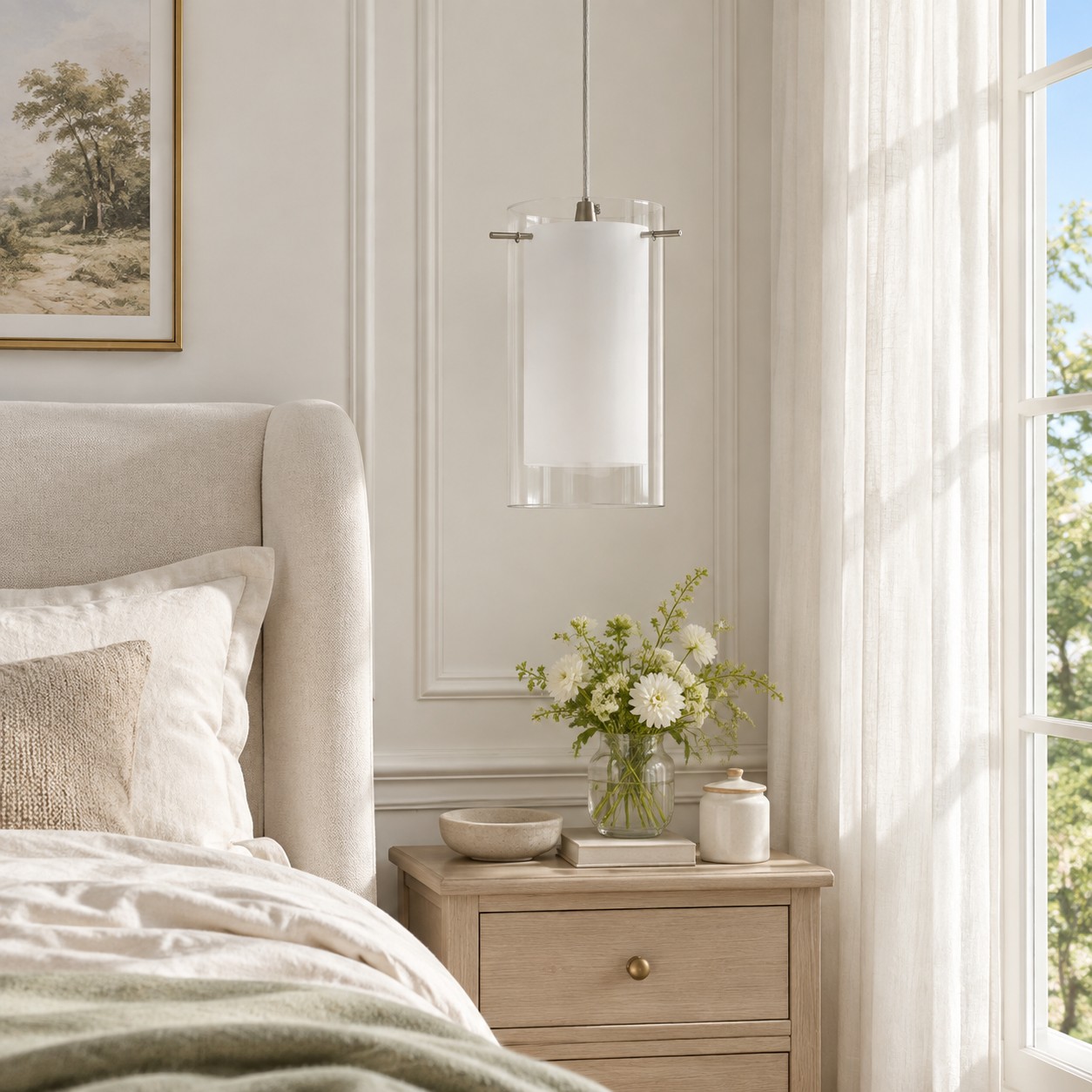 Double Glass Pendant Light with clear and white glass and a modern profile