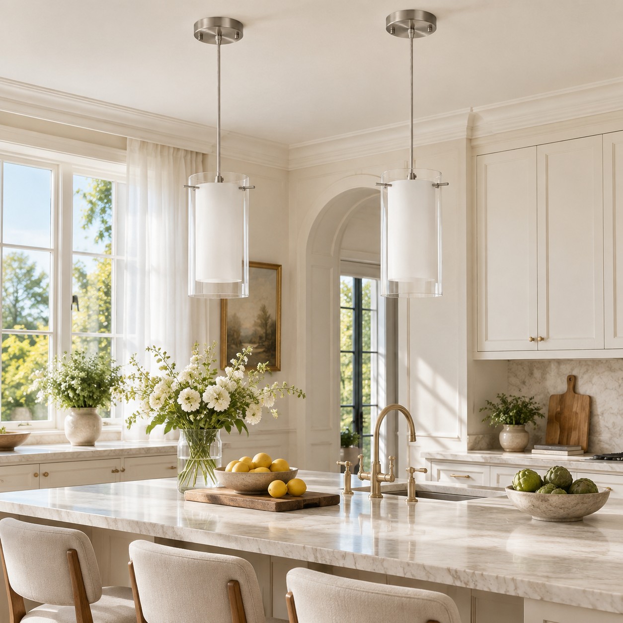 Double Glass Pendant Light with clear and white glass and a modern profile
