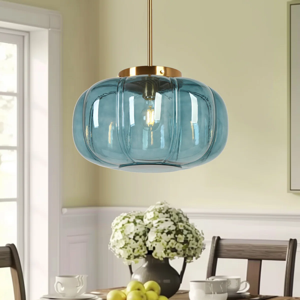 Ribbed Glass Dome Pendant with blue or clear glass and ribbed texture