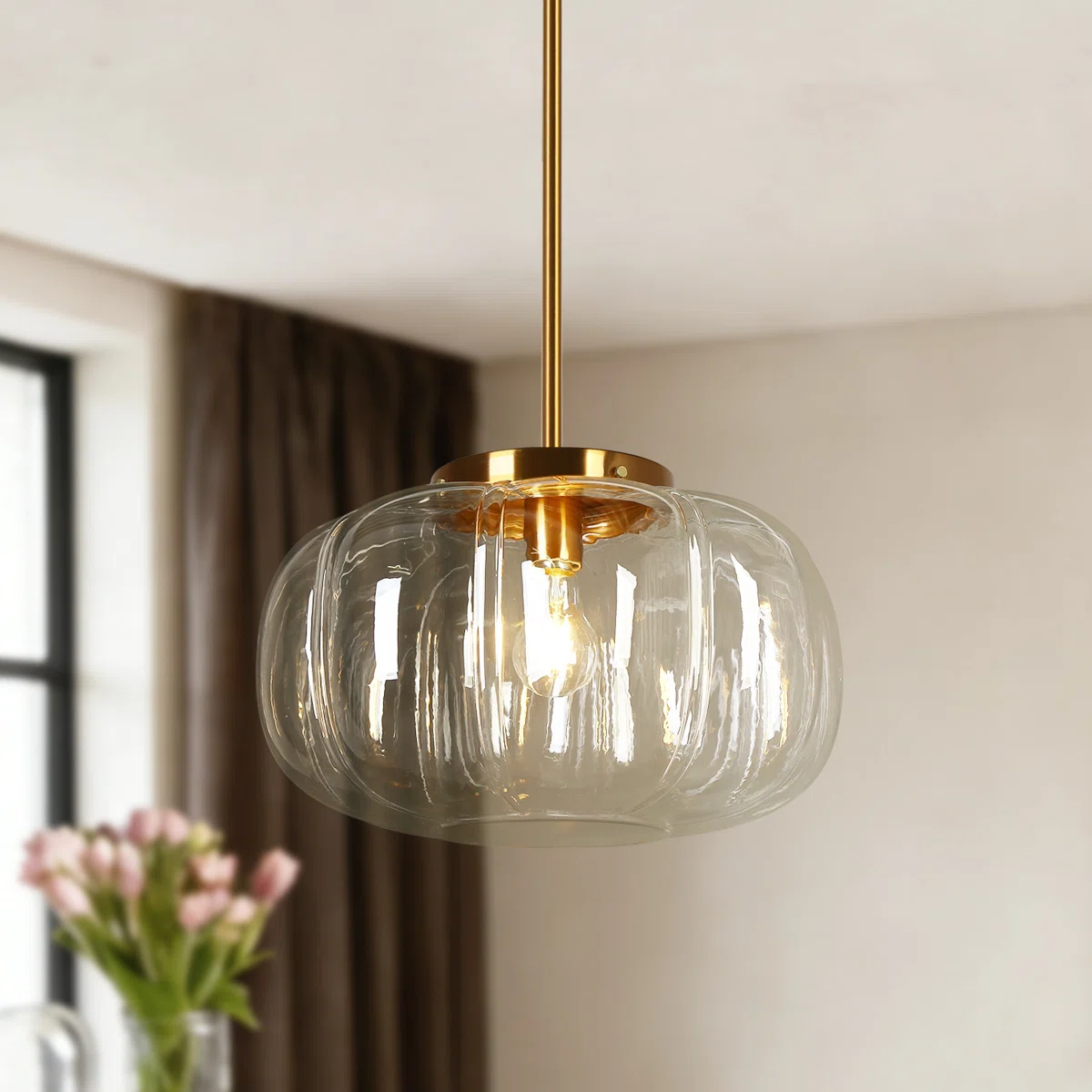 Ribbed Glass Dome Pendant with blue or clear glass and ribbed texture