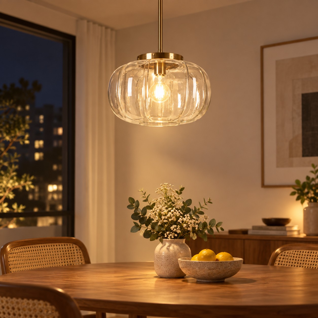 Ribbed Glass Dome Pendant with blue or clear glass and ribbed texture