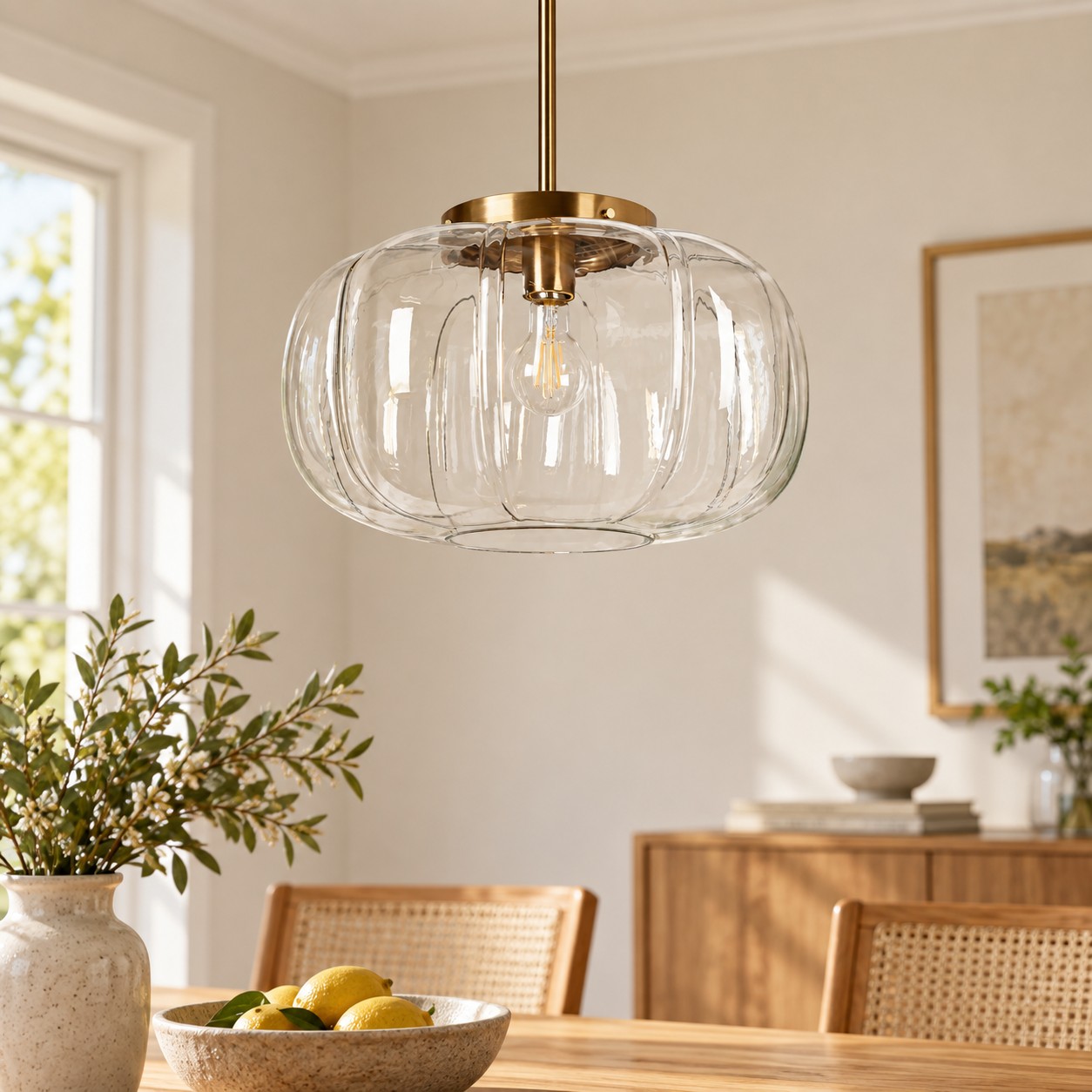 Ribbed Glass Dome Pendant with blue or clear glass and ribbed texture
