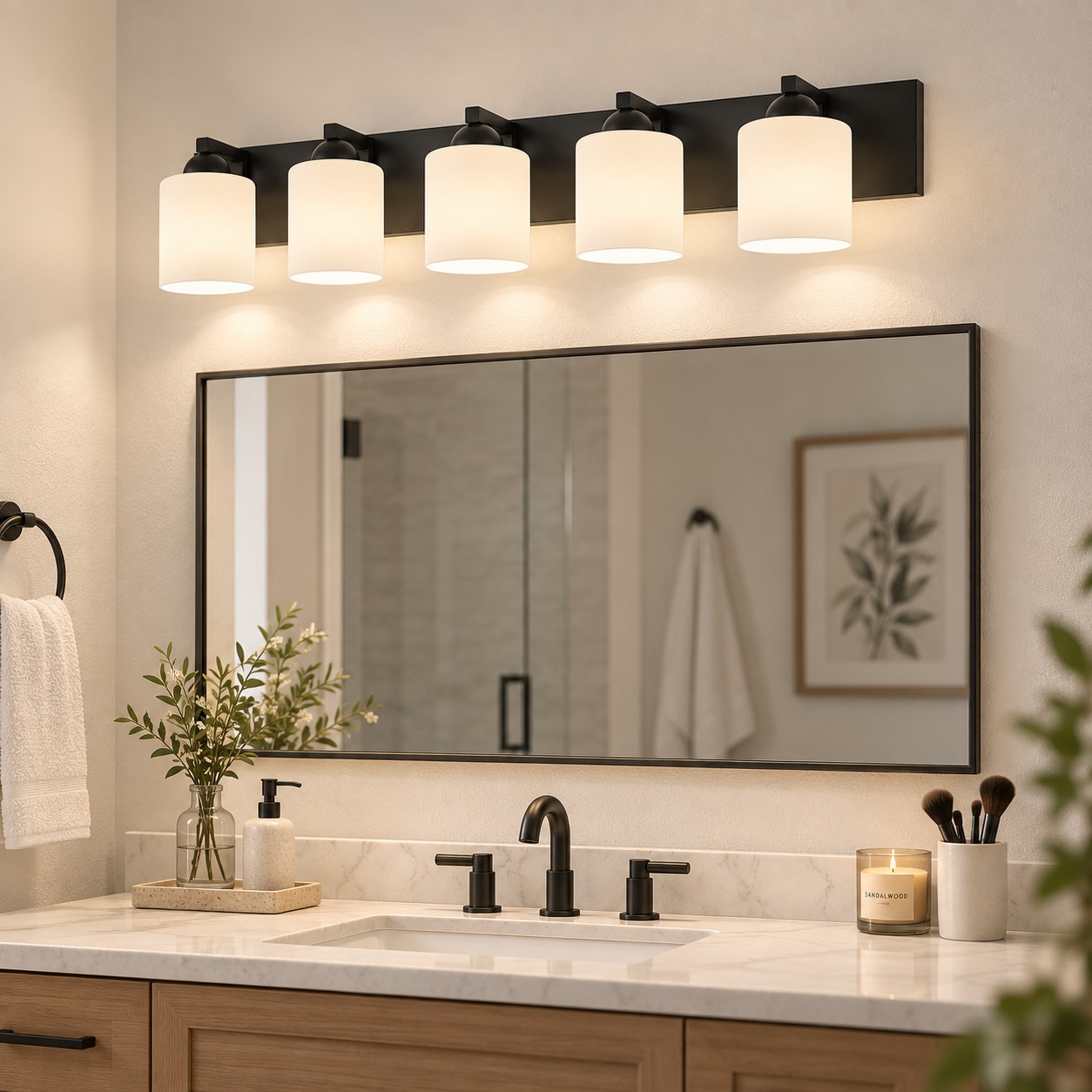 Glass Bathroom Vanity Light with one to six lights and a metal wall bar