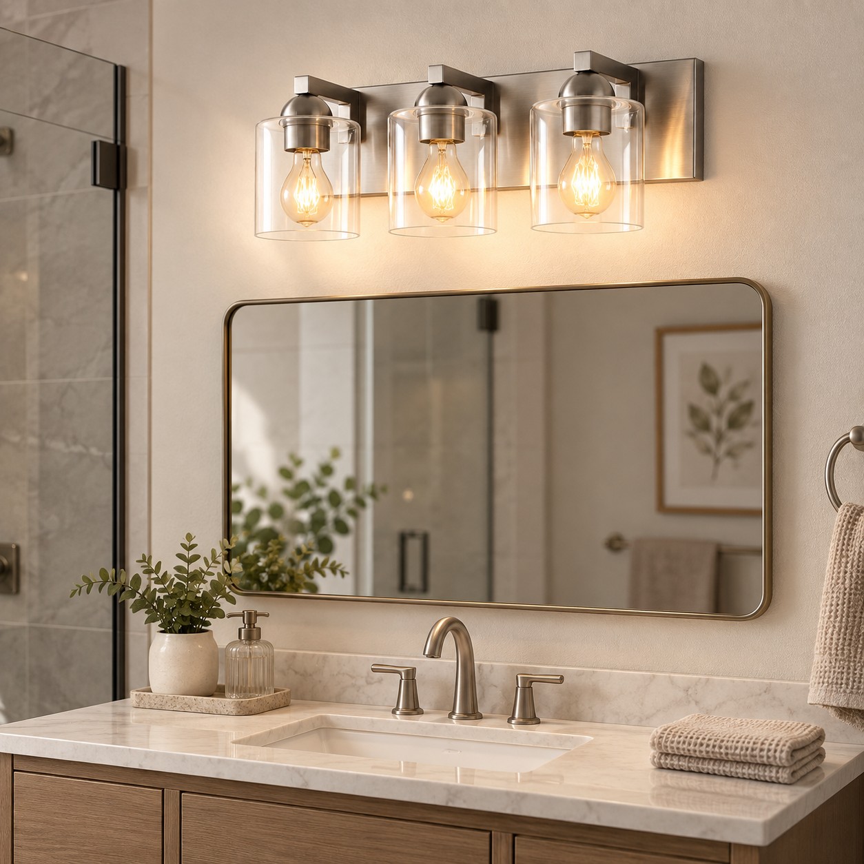 Glass Bathroom Vanity Light with one to six lights and a metal wall bar