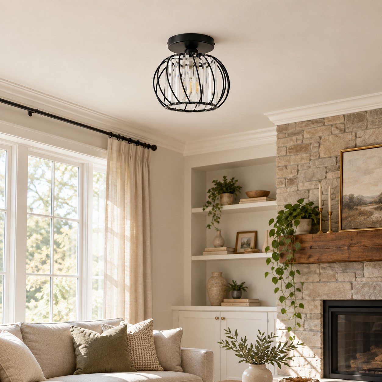 Geometric Crystal Ceiling Light with clear panels and a cage frame