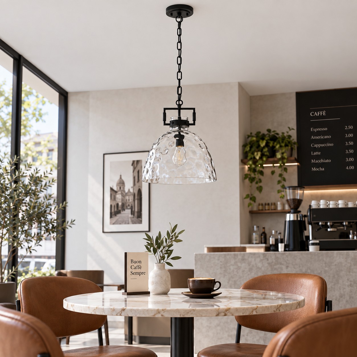 Hammered Glass Pendant Light with three metal finishes and minimal hardware