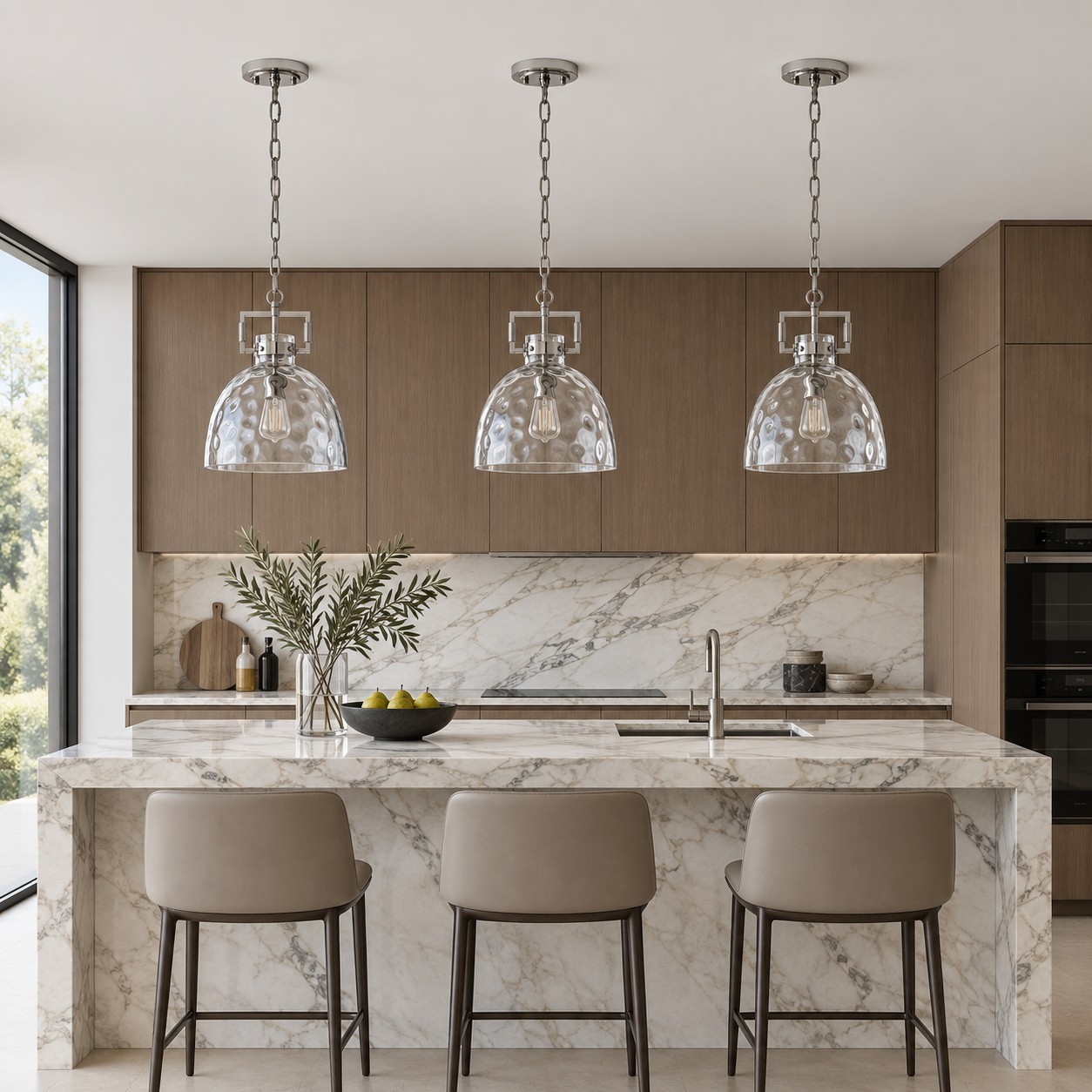 Hammered Glass Pendant Light with three metal finishes and minimal hardware