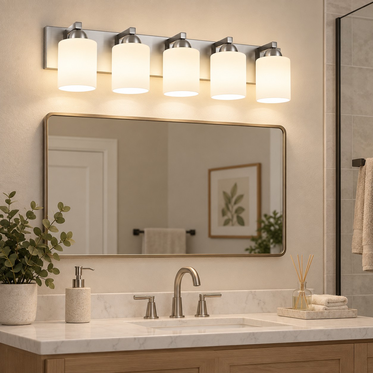 Glass Bathroom Vanity Light with one to six lights and a metal wall bar