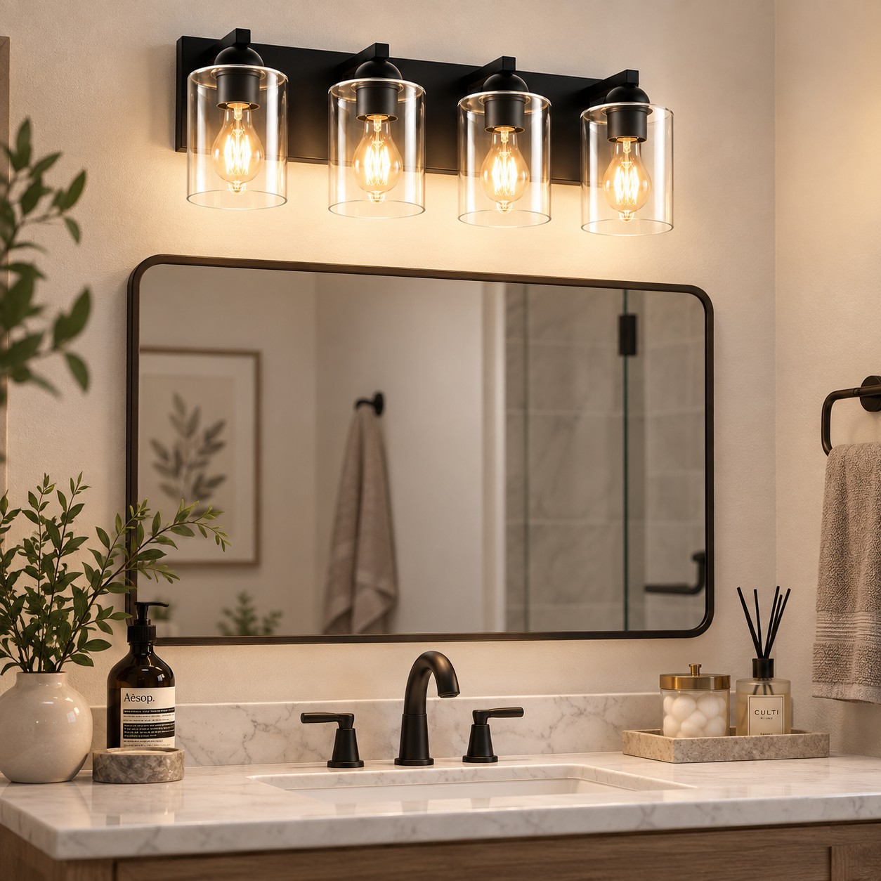 Glass Bathroom Vanity Light with one to six lights and a metal wall bar