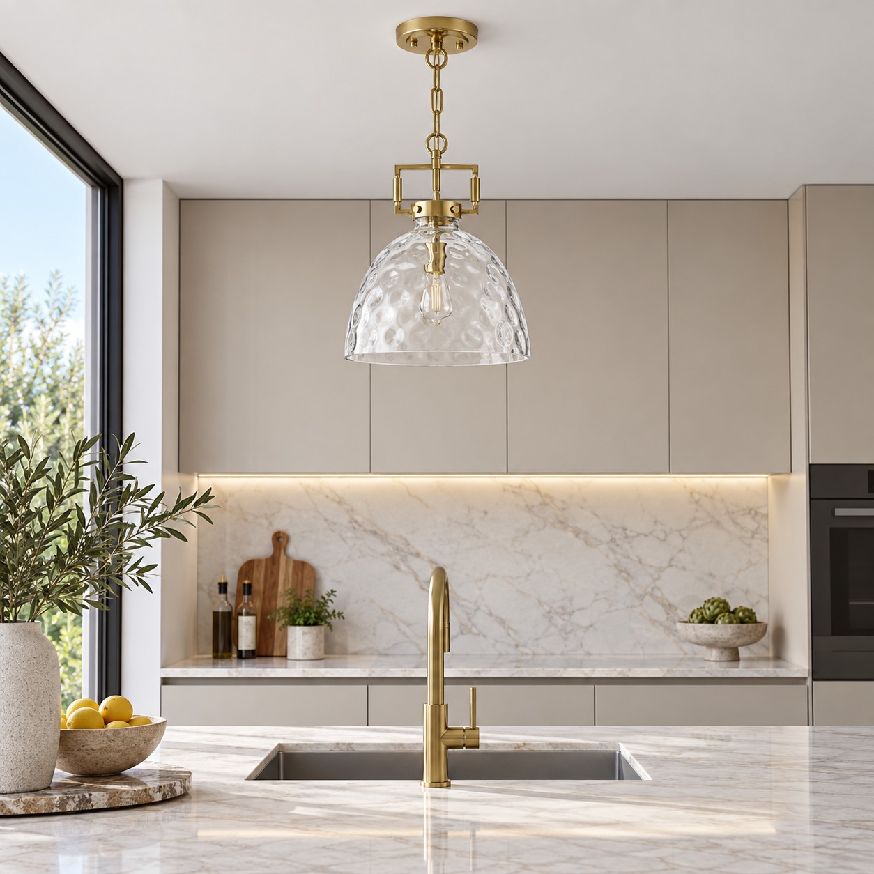Hammered Glass Pendant Light with three metal finishes and minimal hardware