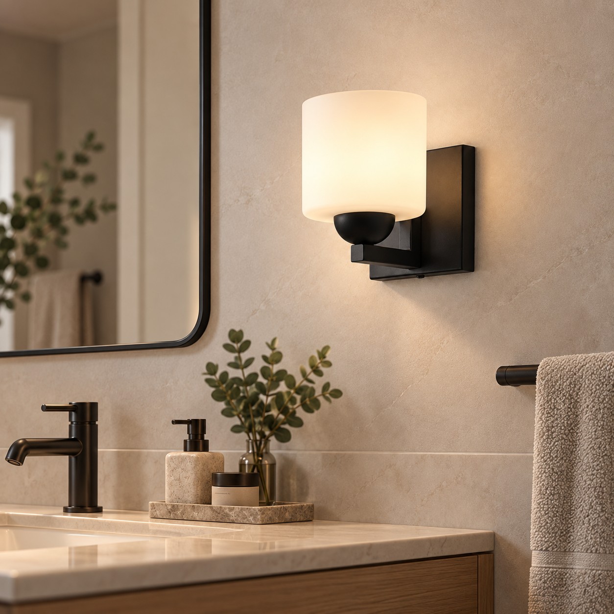 Glass Bathroom Vanity Light with one to six lights and a metal wall bar