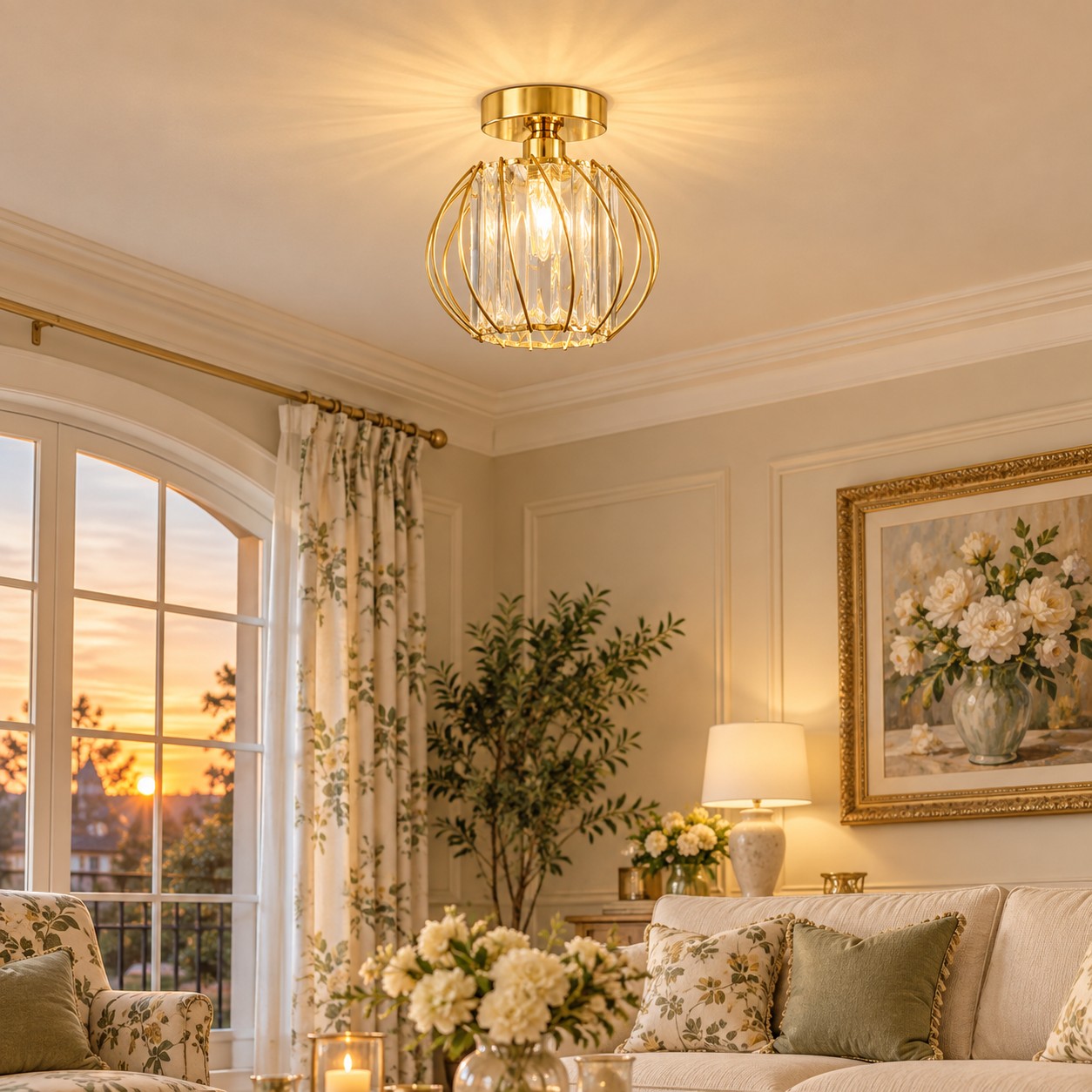 Geometric Crystal Ceiling Light with clear panels and a cage frame