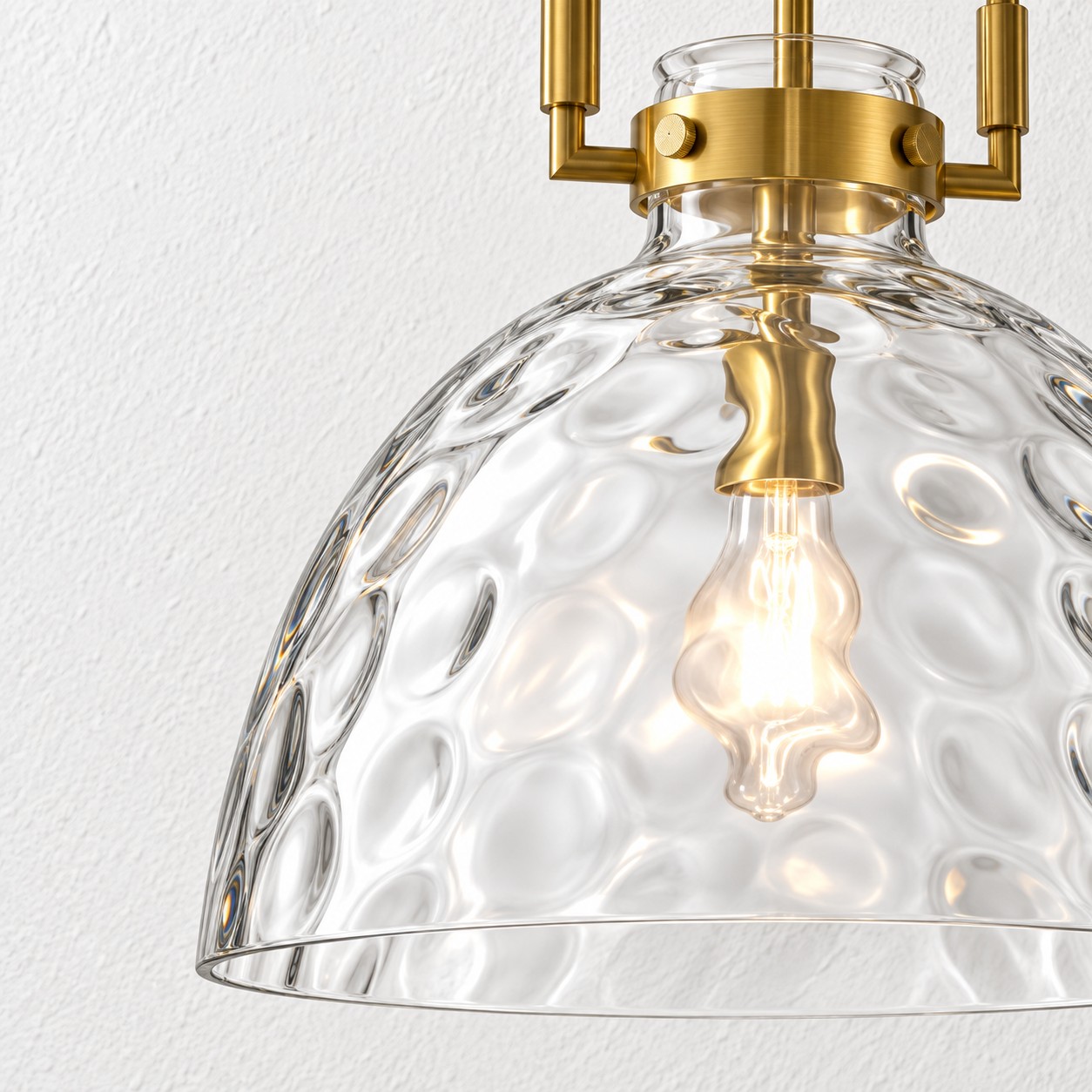 Hammered Glass Pendant Light with three metal finishes and minimal hardware