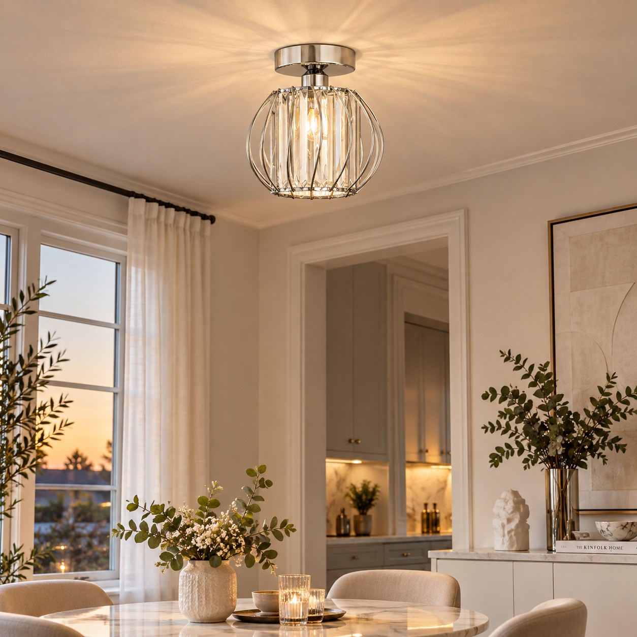 Geometric Crystal Ceiling Light with clear panels and a cage frame