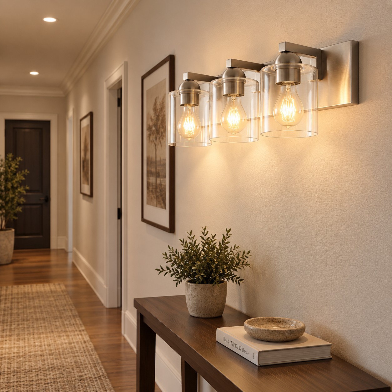 Glass Bathroom Vanity Light with one to six lights and a metal wall bar