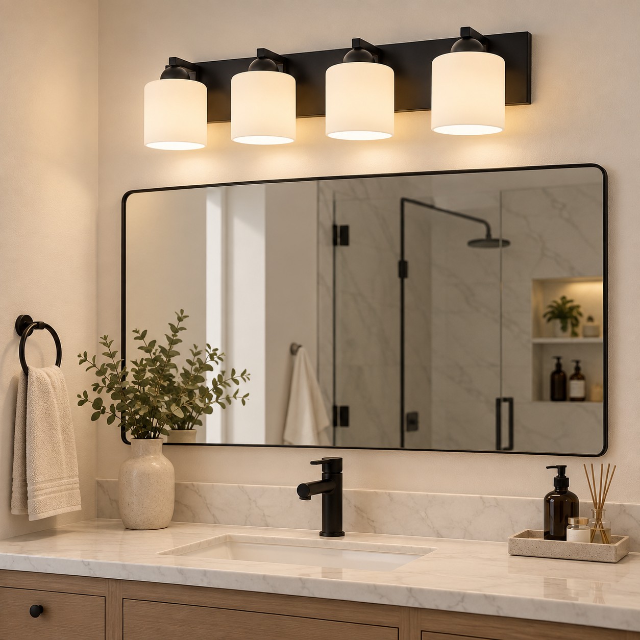 Glass Bathroom Vanity Light with one to six lights and a metal wall bar