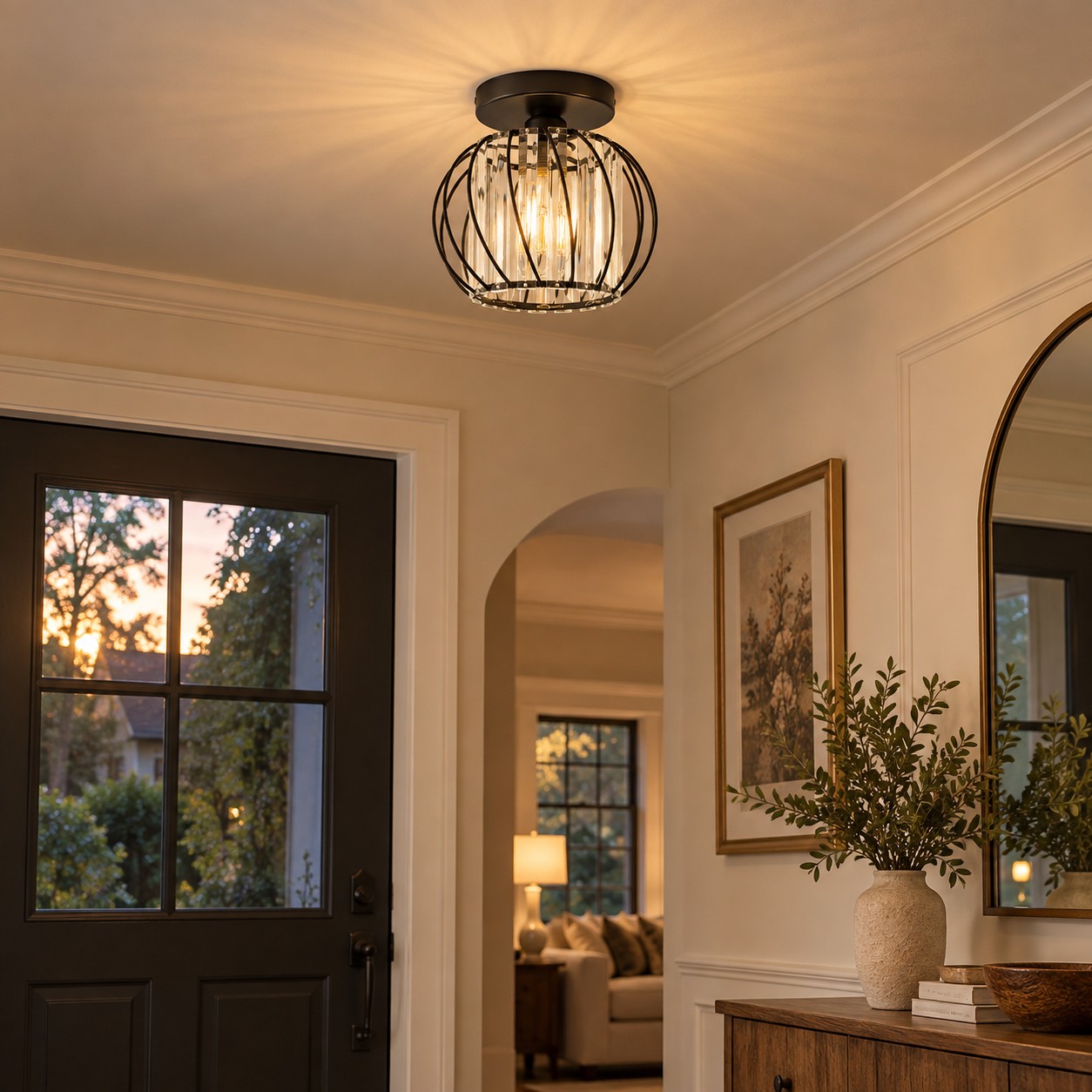 Geometric Crystal Ceiling Light with clear panels and a cage frame
