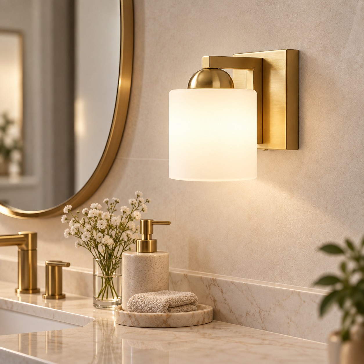 Glass Bathroom Vanity Light with one to six lights and a metal wall bar