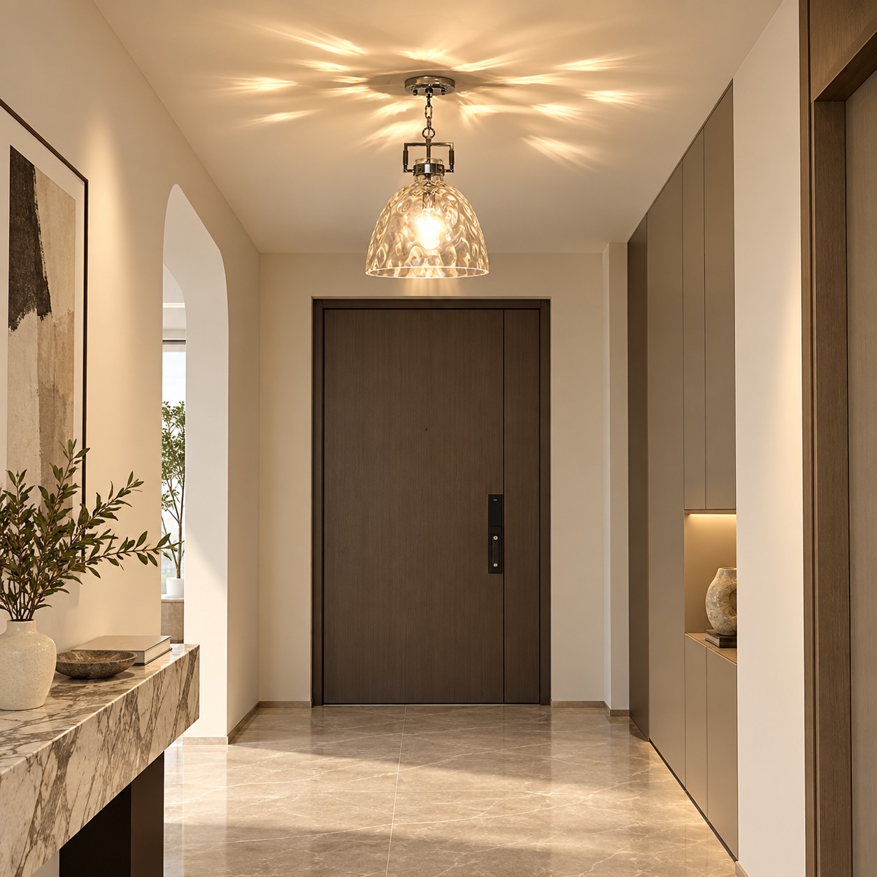 Hammered Glass Pendant Light with three metal finishes and minimal hardware