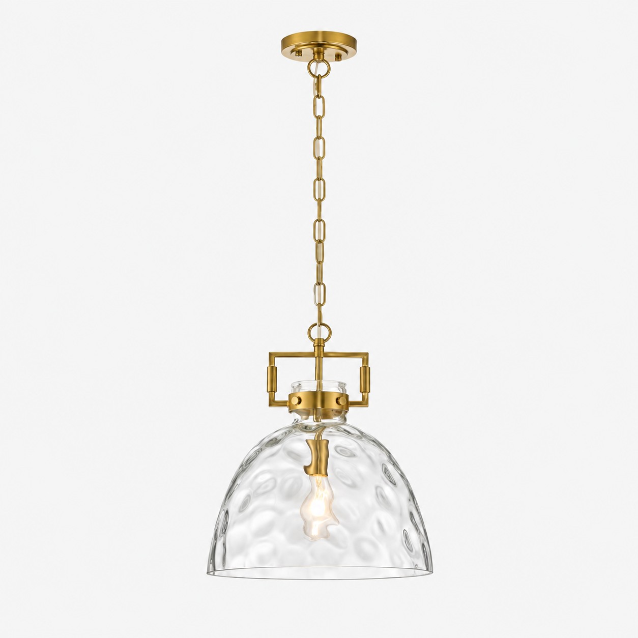 Hammered Glass Pendant Light with three metal finishes and minimal hardware