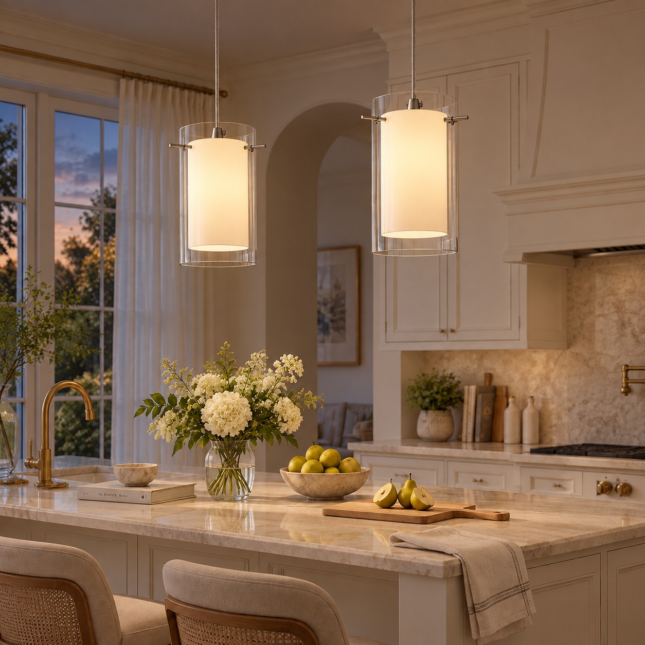 Double Glass Pendant Light with clear and white glass and a modern profile
