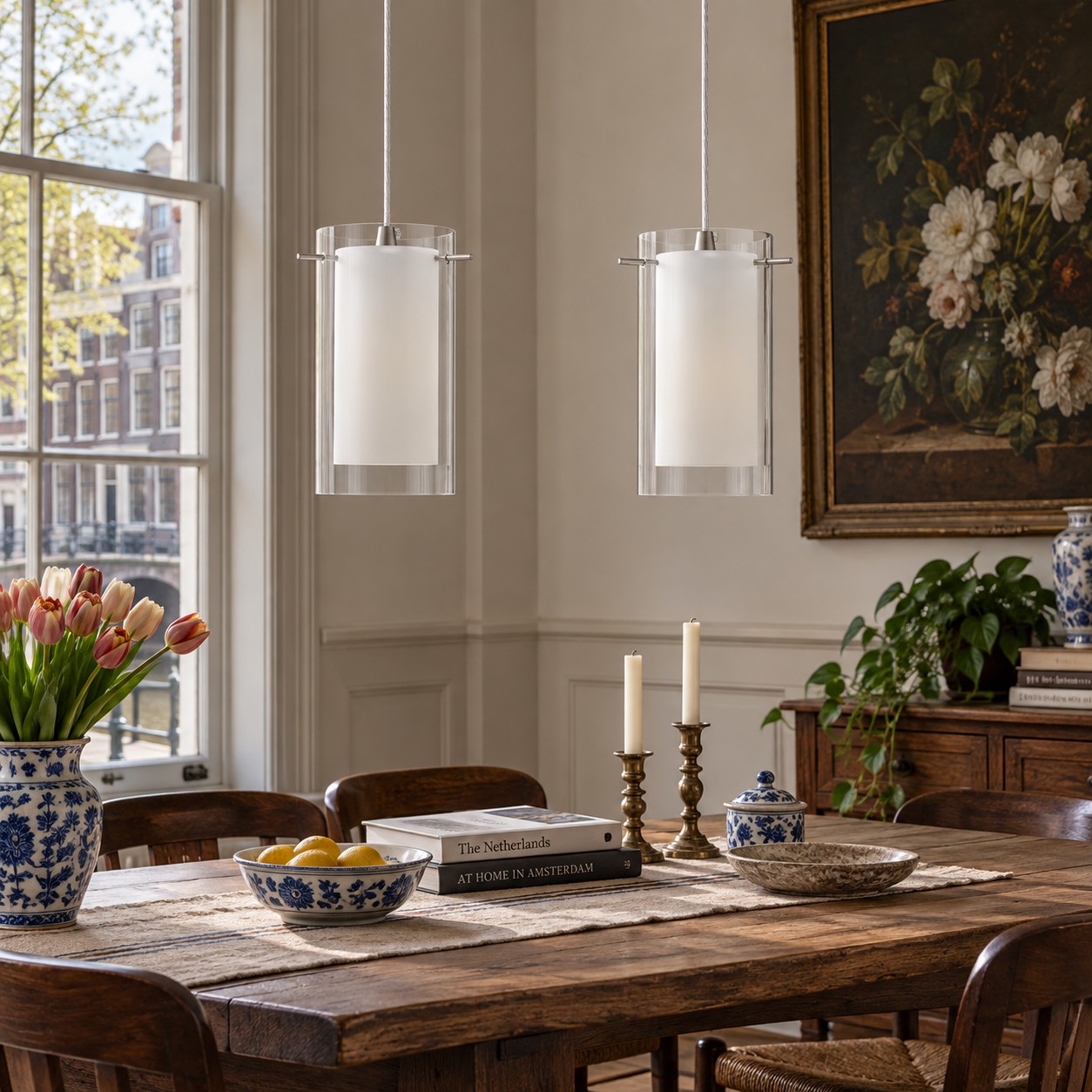 Double Glass Pendant Light with clear and white glass and a modern profile