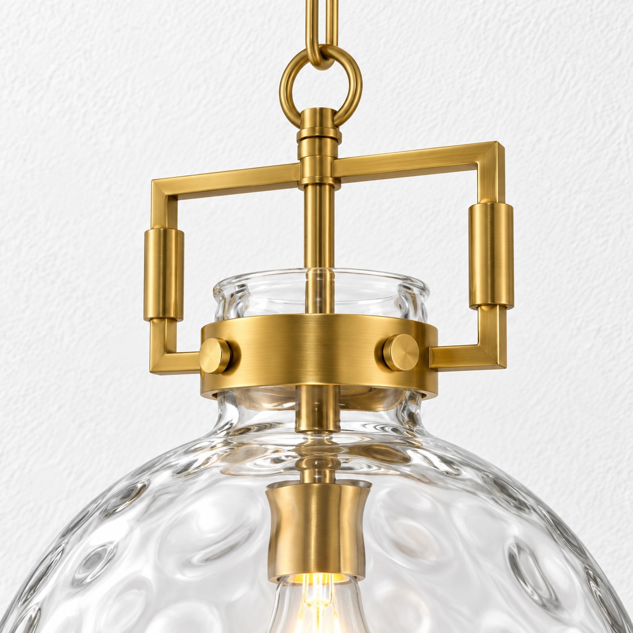 Hammered Glass Pendant Light with three metal finishes and minimal hardware