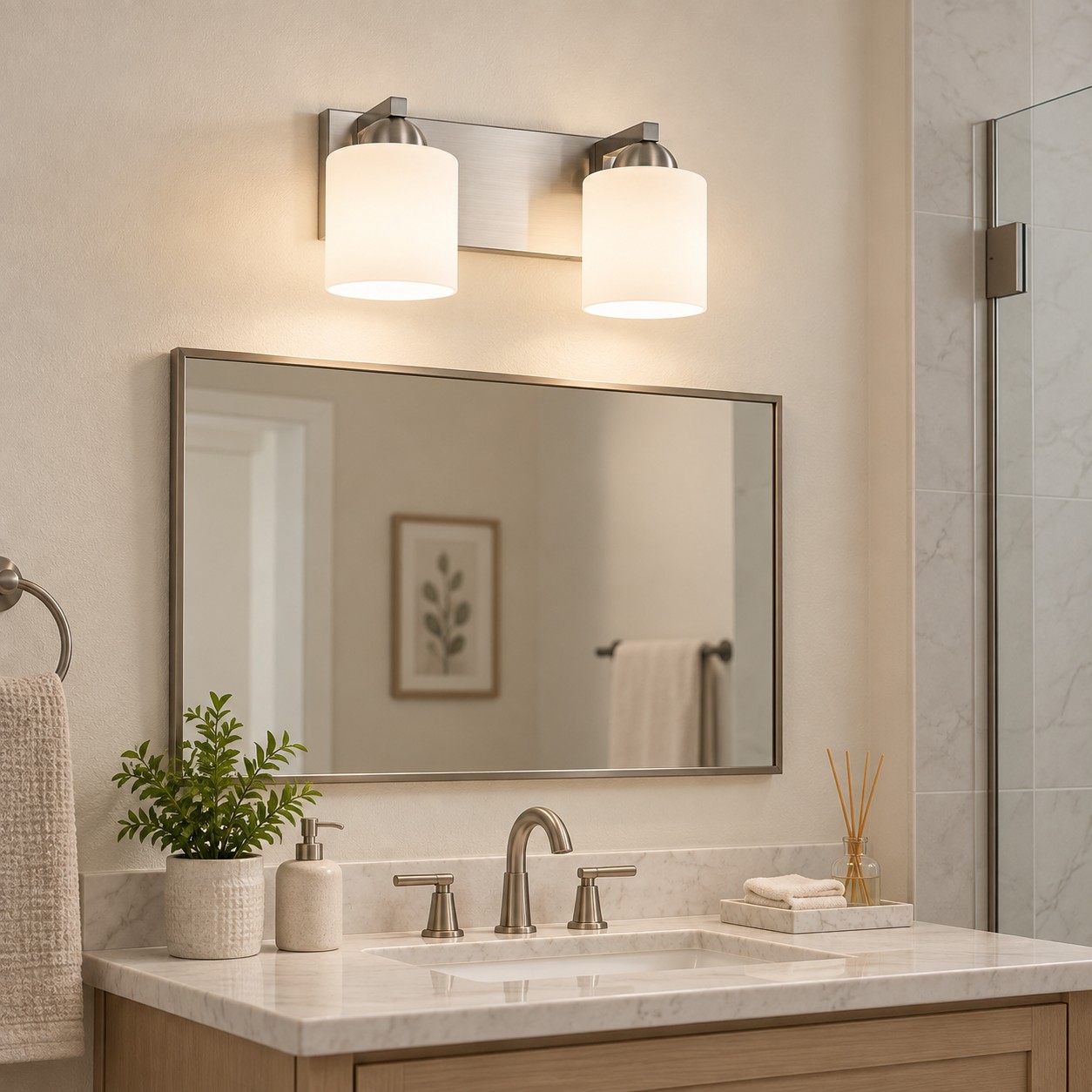 Glass Bathroom Vanity Light with one to six lights and a metal wall bar