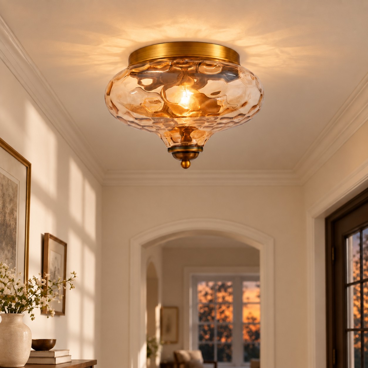 Two-Light Hammered Ceiling Light with four finishes and a broad glass cover