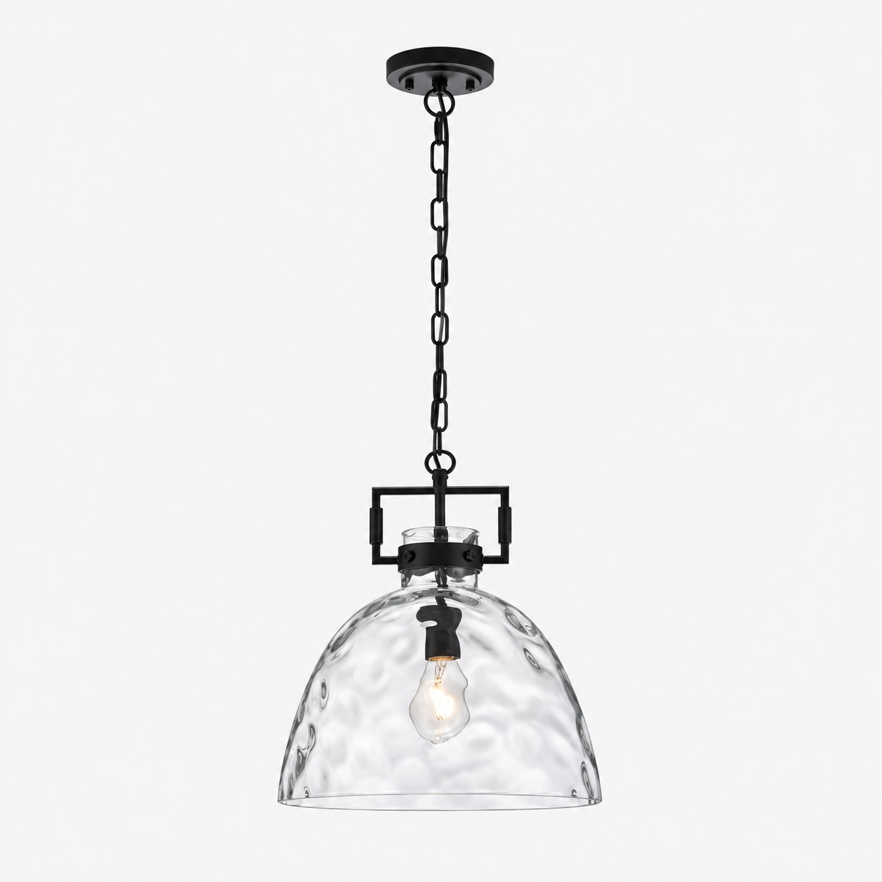 Hammered Glass Pendant Light with three metal finishes and minimal hardware