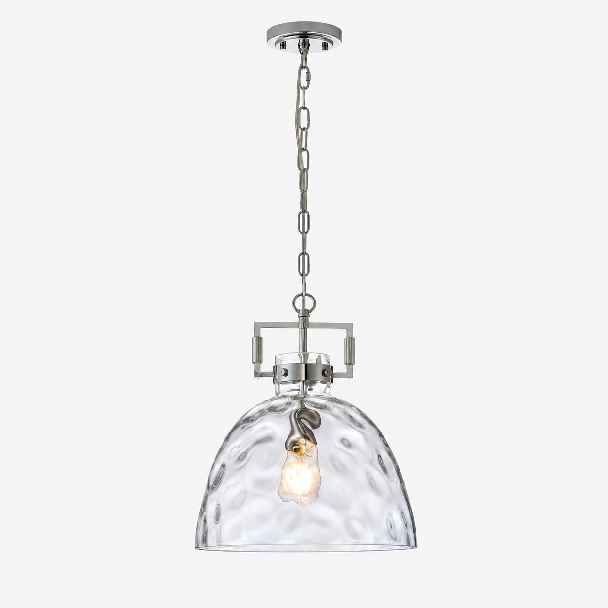 Hammered Glass Pendant Light with three metal finishes and minimal hardware
