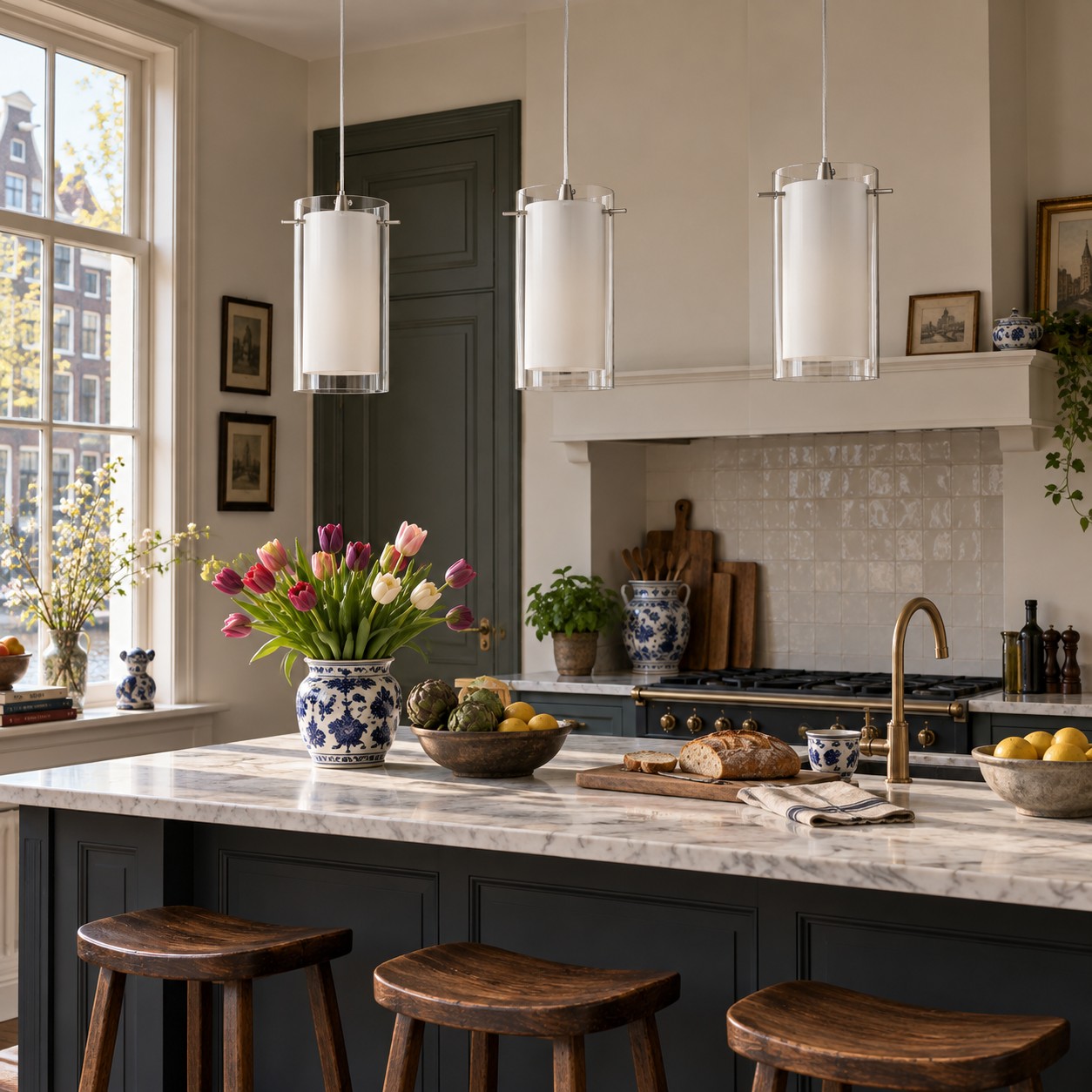 Double Glass Pendant Light with clear and white glass and a modern profile