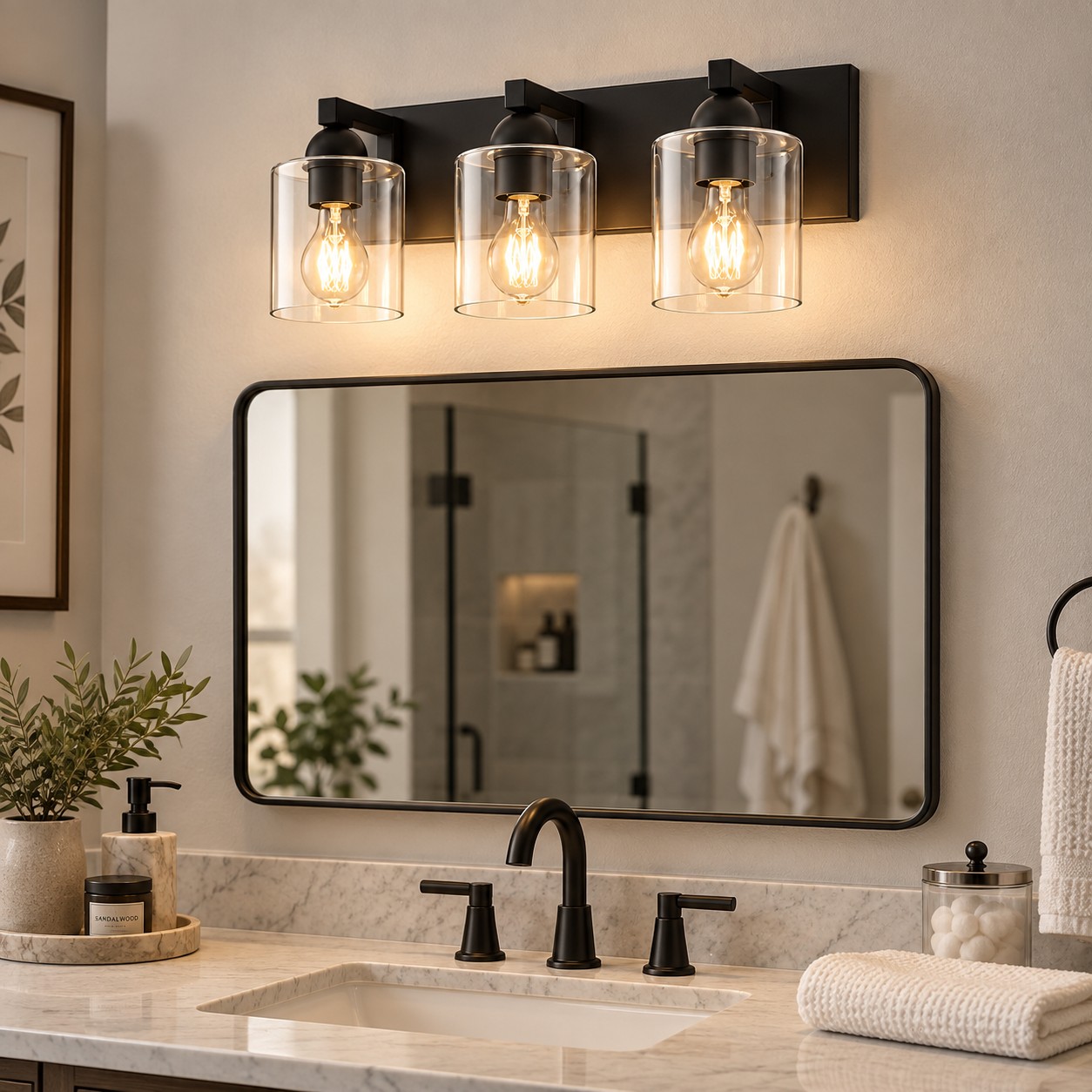 Glass Bathroom Vanity Light with one to six lights and a metal wall bar