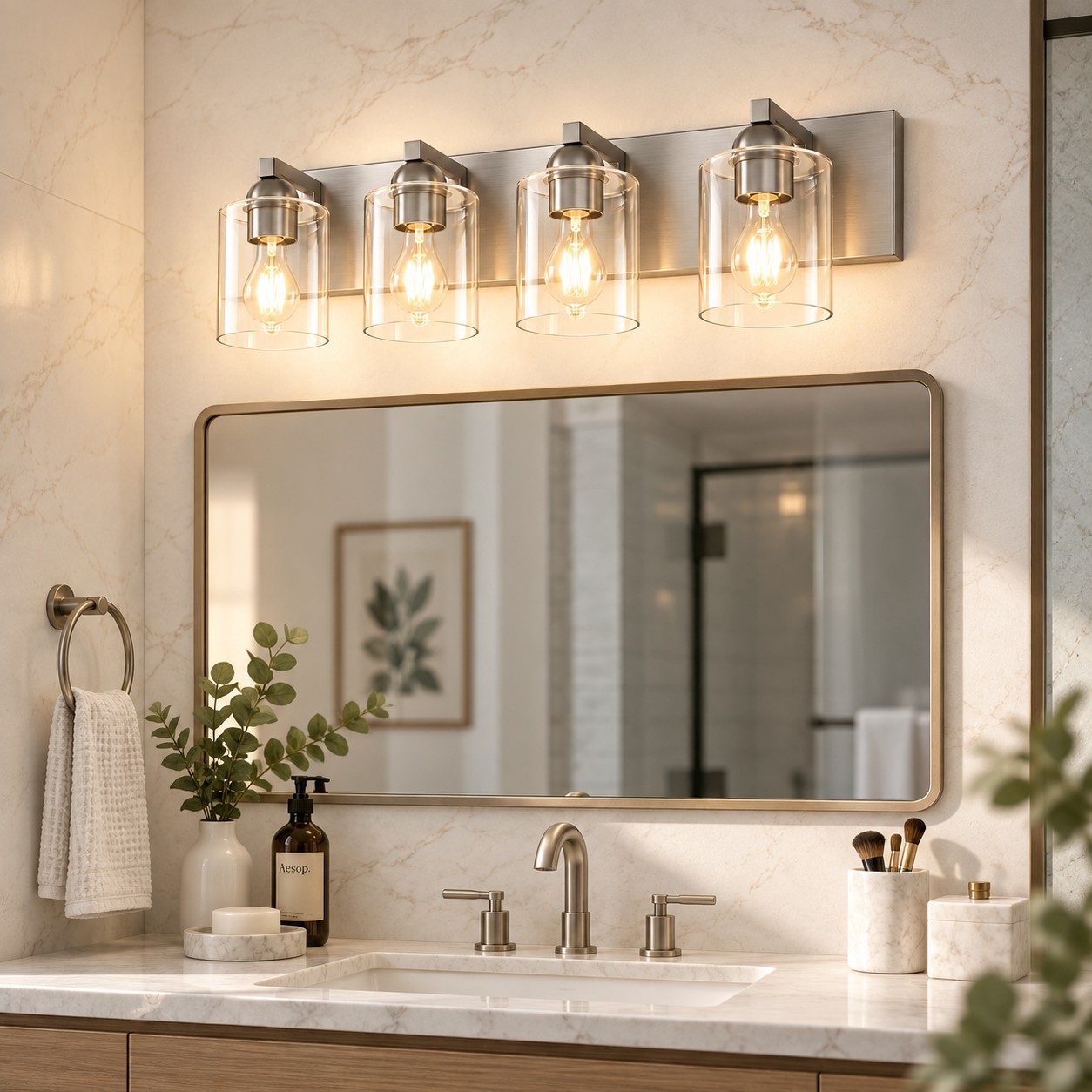 Glass Bathroom Vanity Light with one to six lights and a metal wall bar