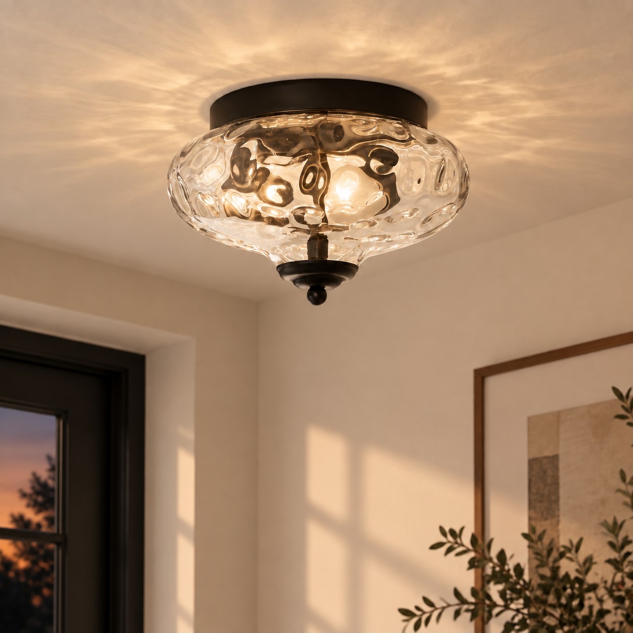 Two-Light Hammered Ceiling Light with four finishes and a broad glass cover