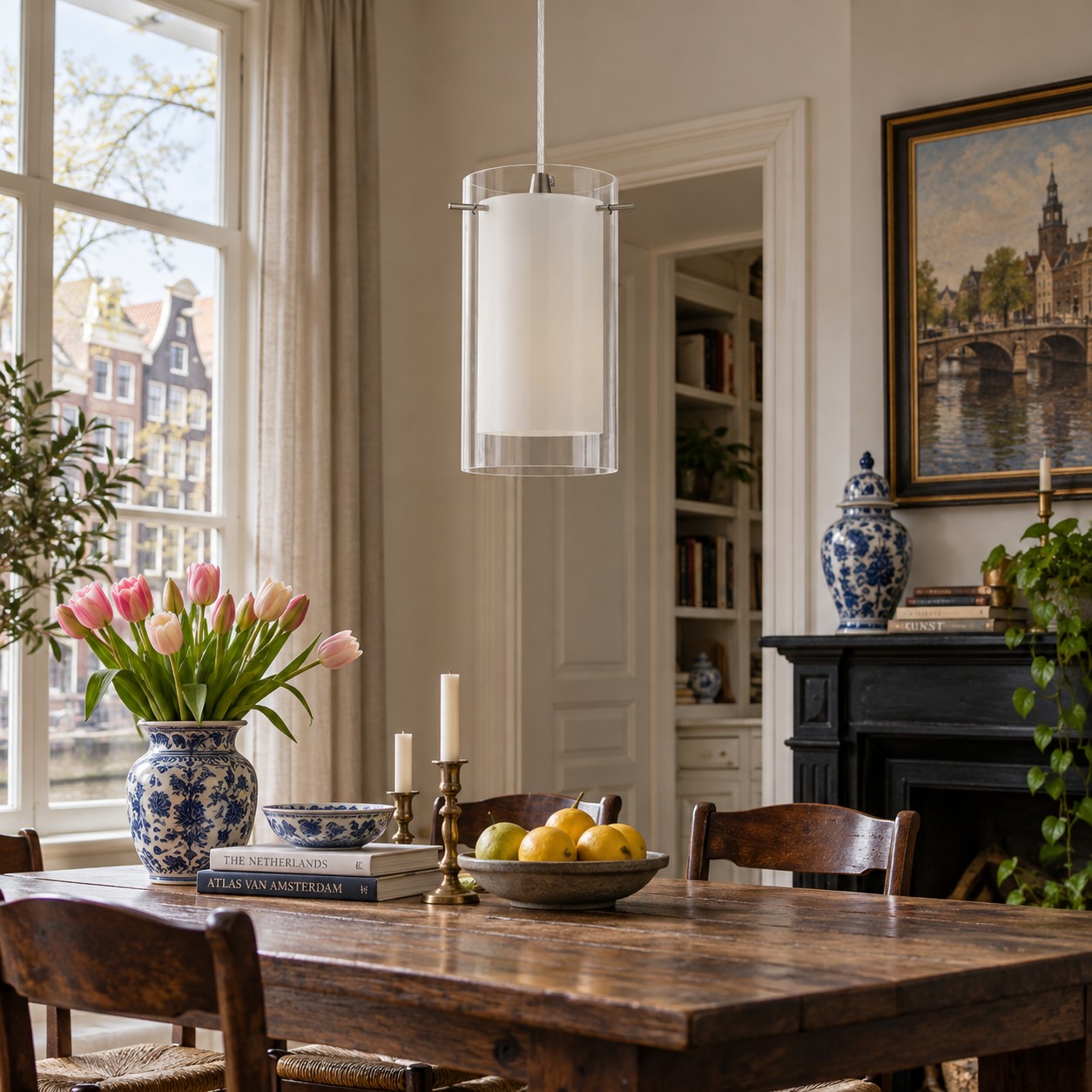 Double Glass Pendant Light with clear and white glass and a modern profile