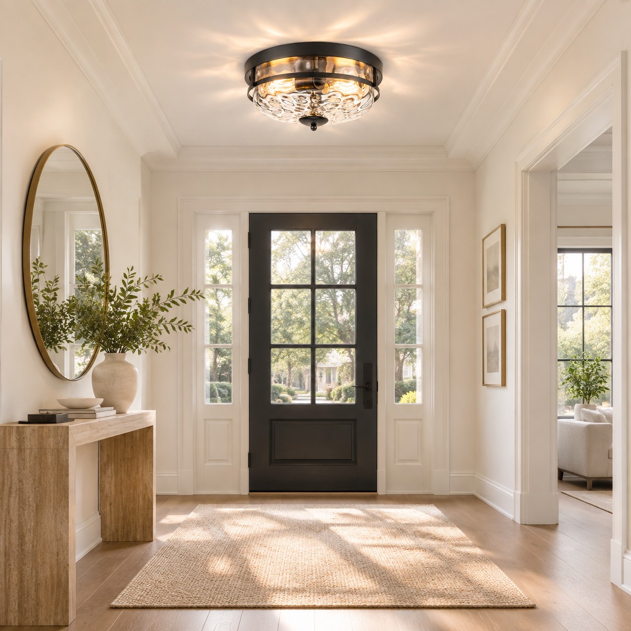 Hammered Glass Flush Ceiling Light with rippled clear glass and a broad glass shade
