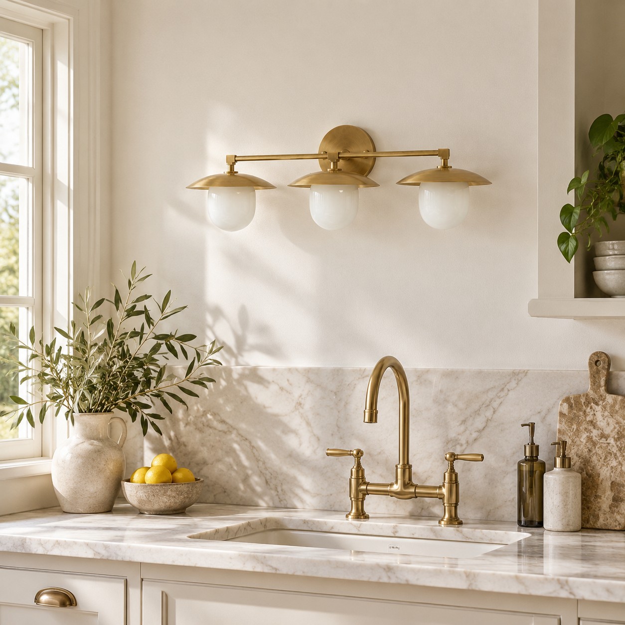 Sculptural Glass Wall Sconce with a brass finish and a metal wall mount