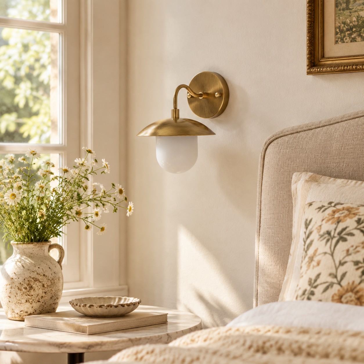 Sculptural Glass Wall Sconce with a brass finish and a metal wall mount