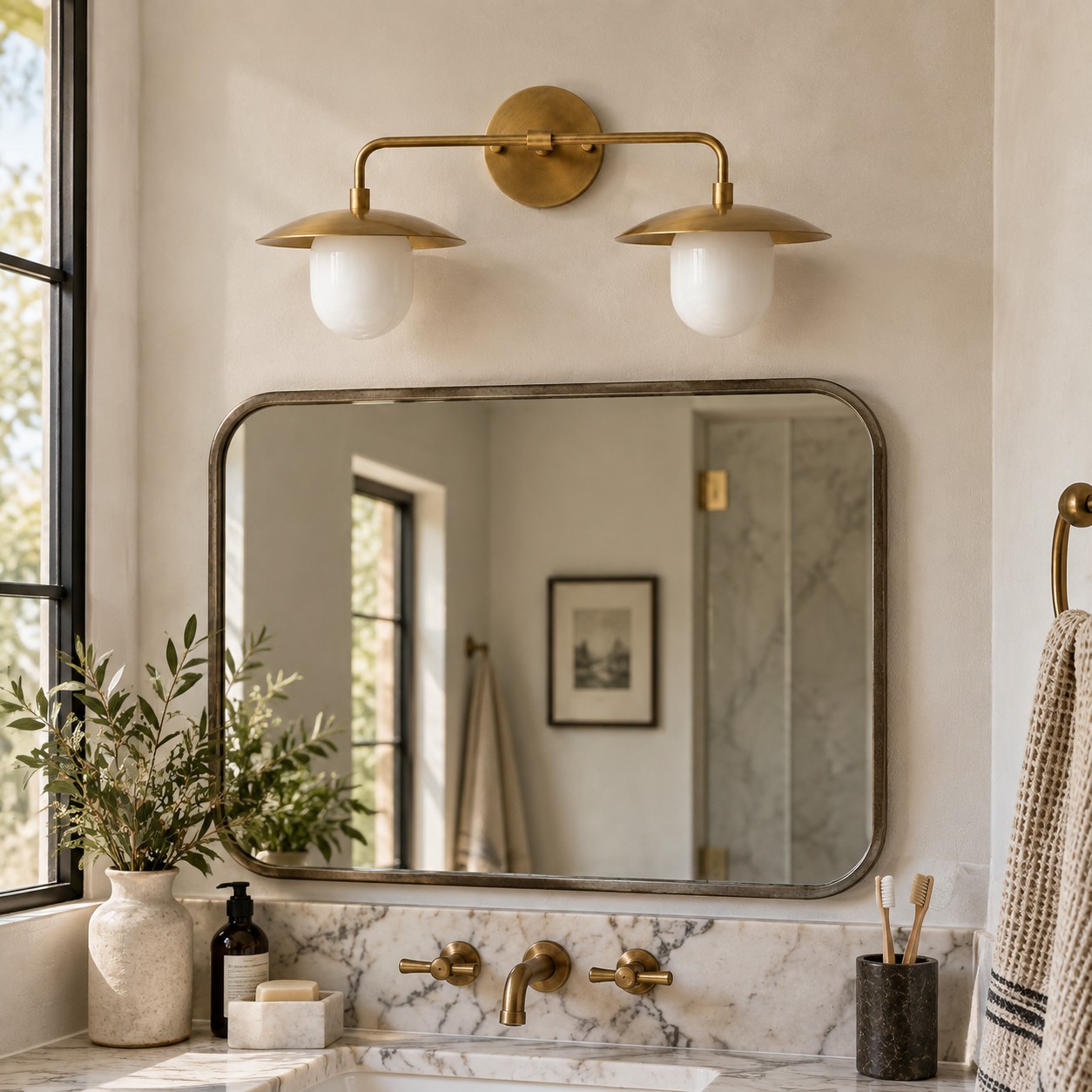 Sculptural Glass Wall Sconce with a brass finish and a metal wall mount