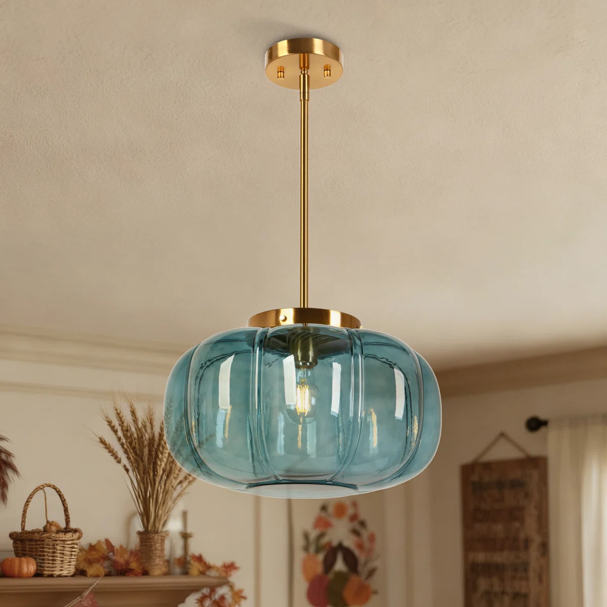 Ribbed Glass Dome Pendant with blue or clear glass and ribbed texture