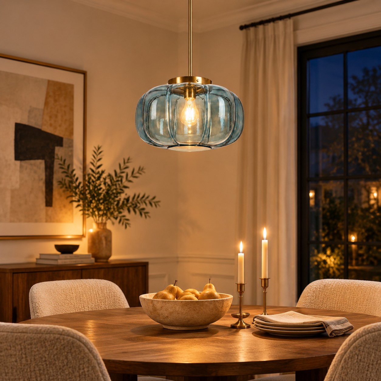 Ribbed Glass Dome Pendant with blue or clear glass and ribbed texture