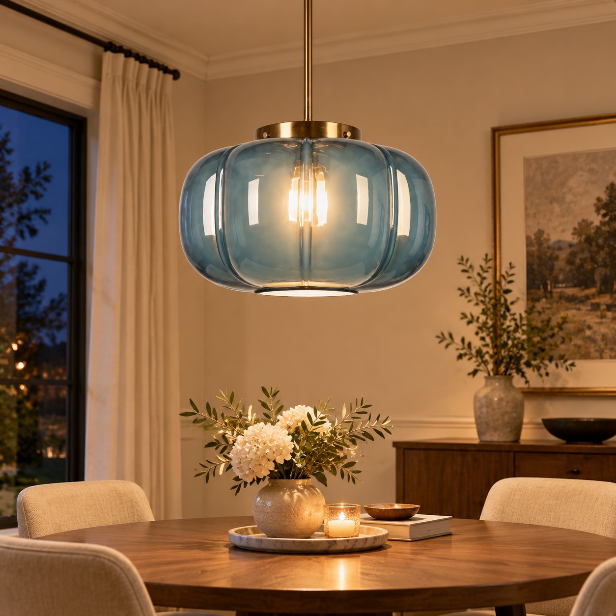 Ribbed Glass Dome Pendant with blue or clear glass and ribbed texture