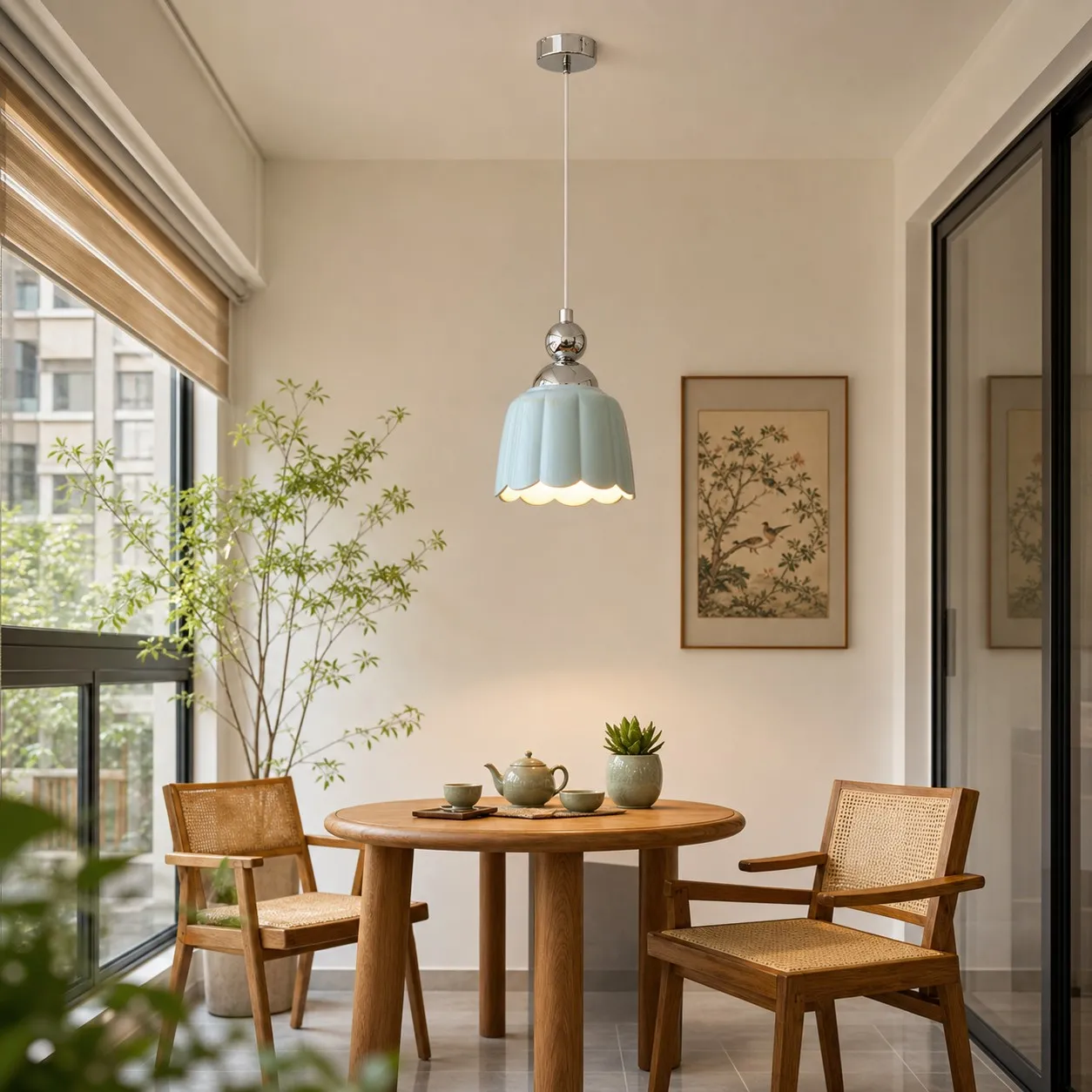 Sea salt blue ceramic pendant lamp above a small dining table