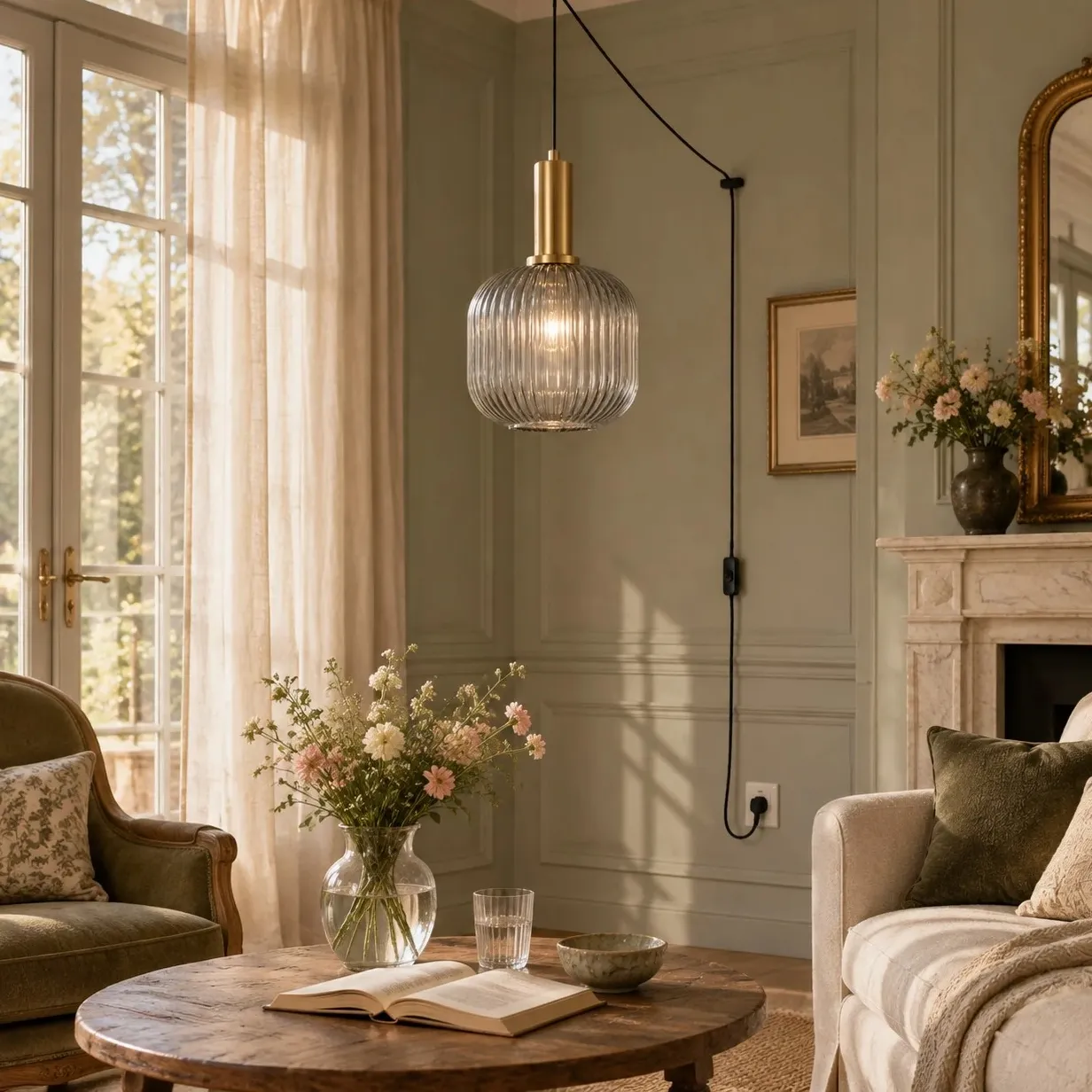 Retro ribbed glass plug-in pendant light in a home interior